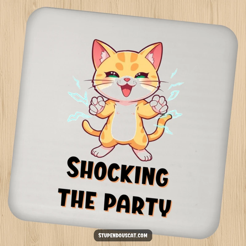 Funny drink coaster featuring a powerful cat with crackling lightning bolts around its paws, striking a dynamic pose.