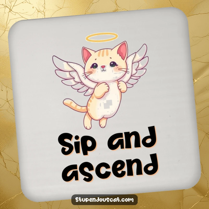 Funny angelic cat wings coasters featuring a cat with wings gliding gracefully, protecting surfaces with celestial charm.