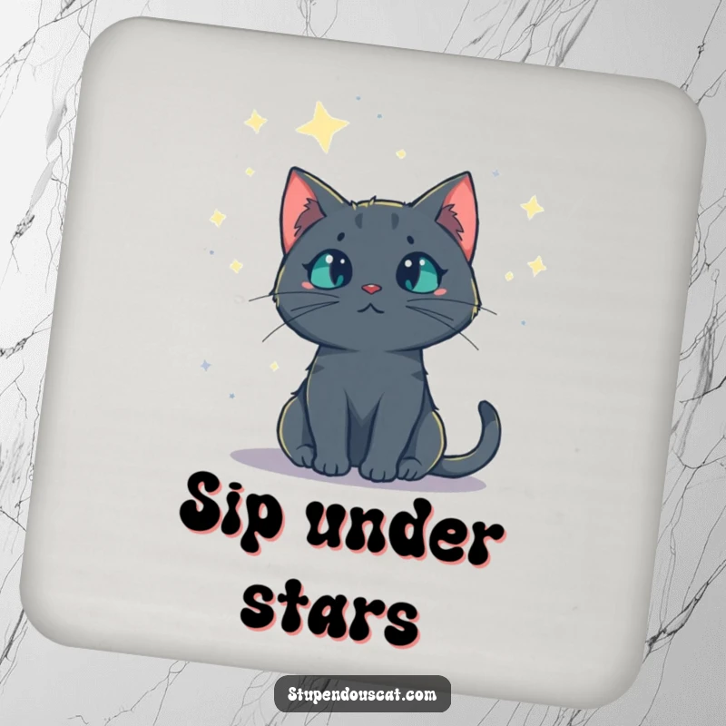 Funny drink coaster with a mysterious cat gazing at a starry night sky, protecting tables with cosmic flair, a delightful gift.