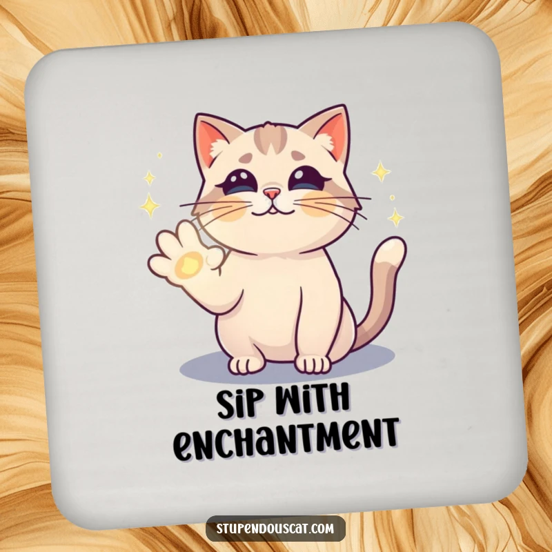 Funny drink coaster with a magical cat casting a sparkling spell with its paw, adding enchantment to your drink station.