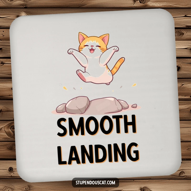 Funny cat coasters demonstrating a cat's graceful, funny landing, protecting surfaces with feline flair.