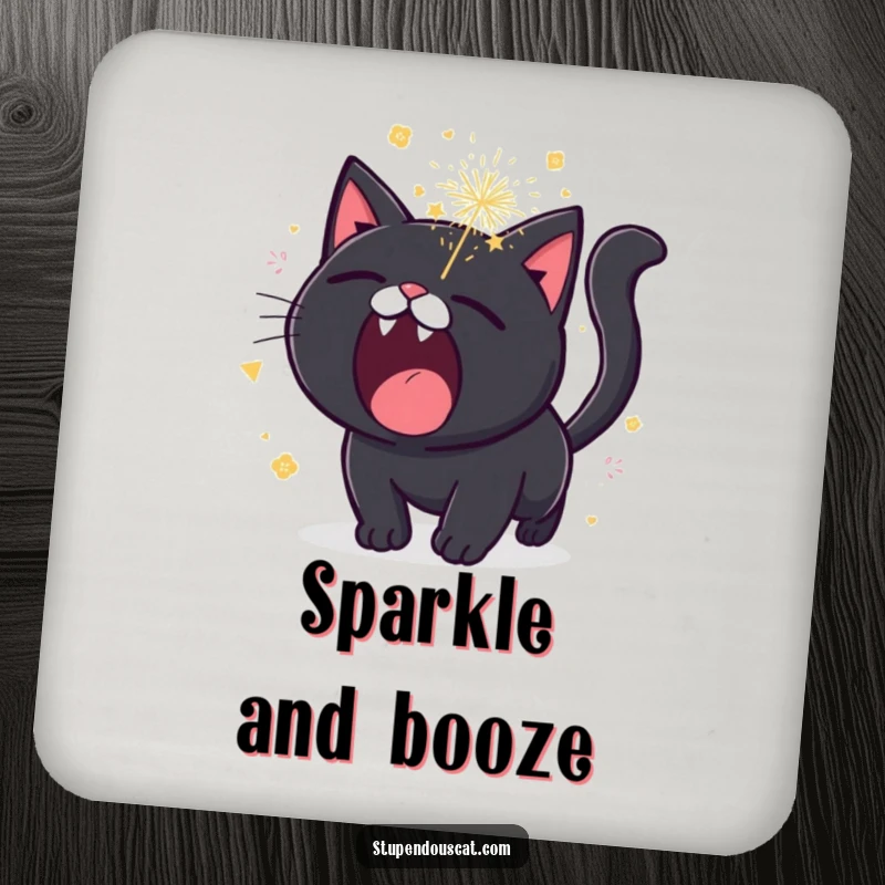 Funny black cat drink coaster, roaring with sparkling fireworks erupting, a protective pad with explosive feline flair.