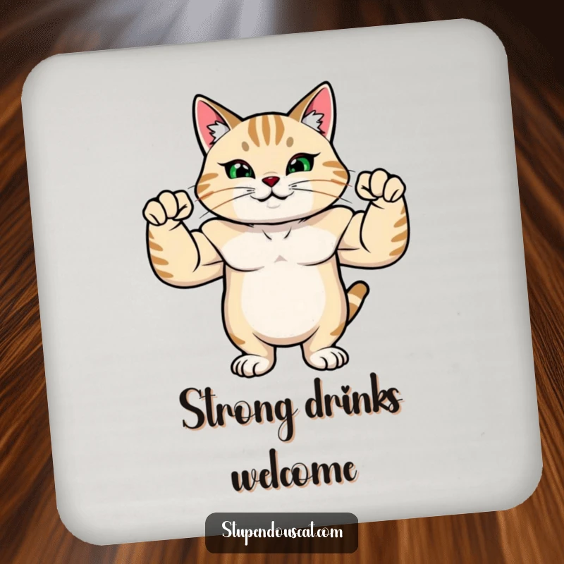 Funny drink coaster featuring a strong cat with rippling muscles, flexing its arms with immense pride.