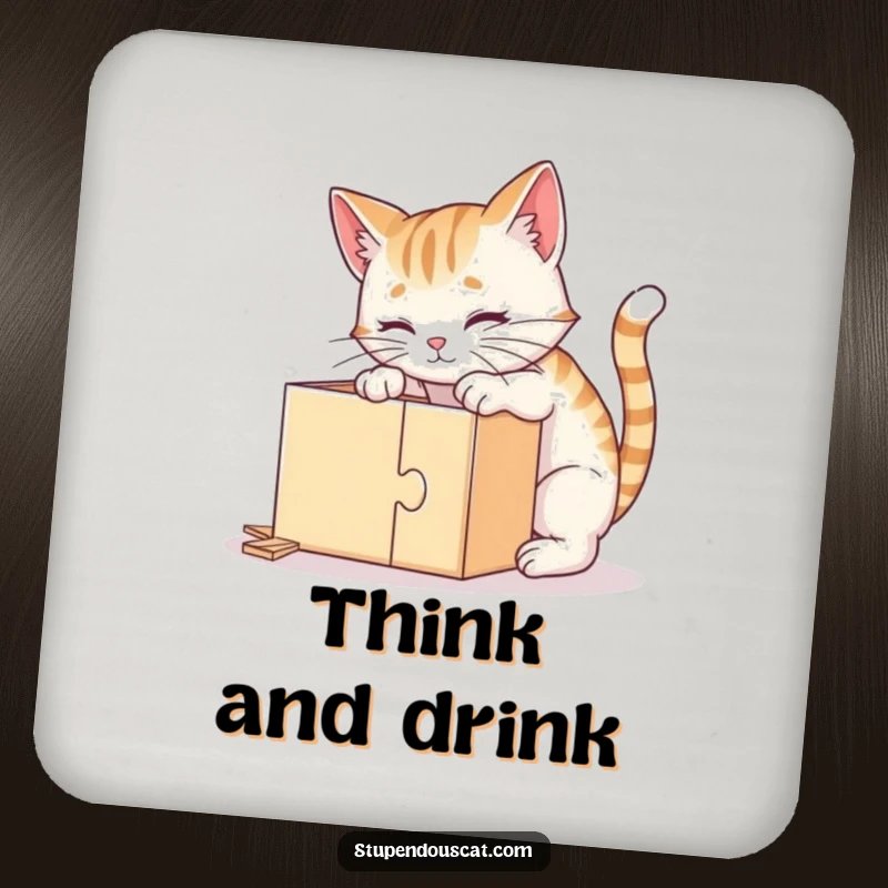 Funny drink coaster with a clever cat intently solving a puzzle box, adding humor and intelligence to your drink station.
