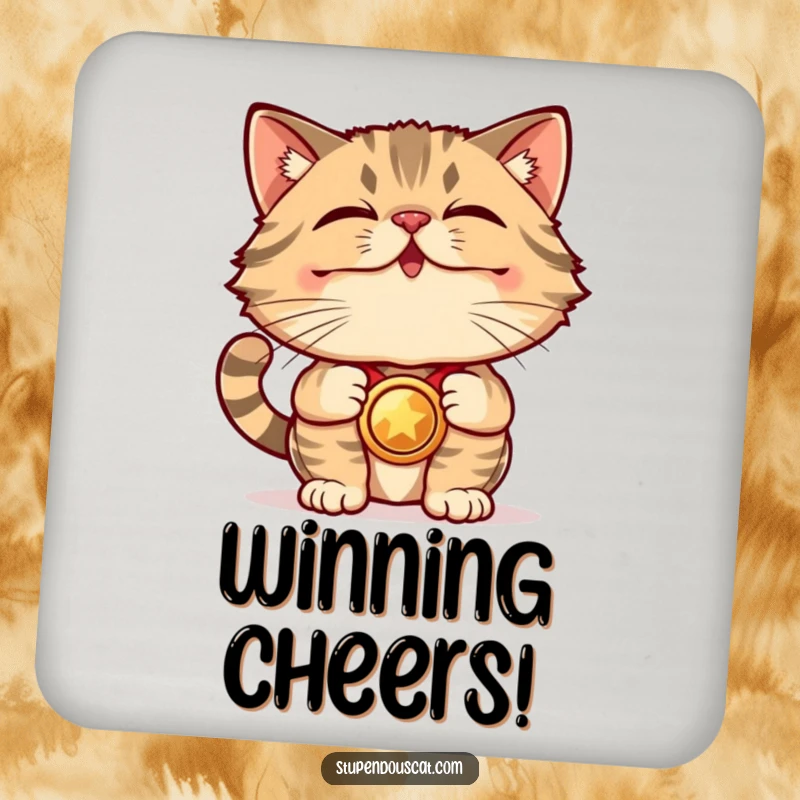 Funny Coaster: A stupendous cat proudly displays a shining medal, protecting surfaces with winning humor.