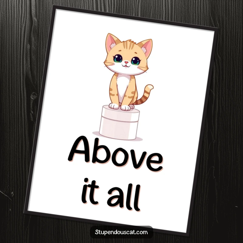 Funny poster of a confident cat cub standing tall on a pedestal, exuding hilarious self-importance and pride.