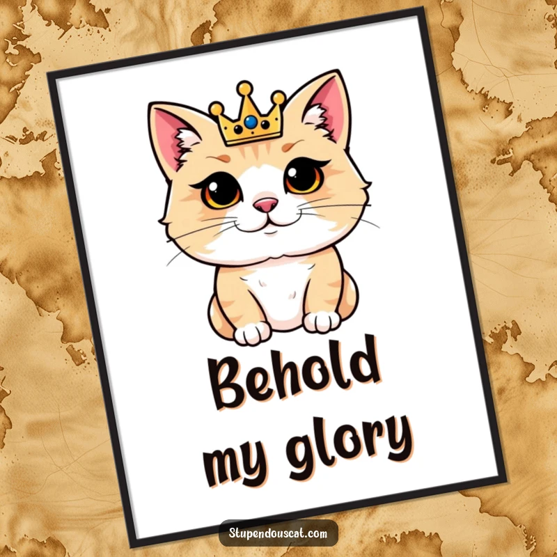 Funny poster of a regal cat wearing a small crown, looking extremely pleased and majestic. Perfect for adding charm to walls.
