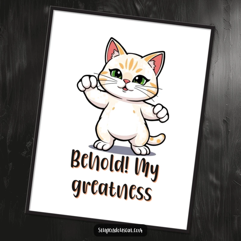 Funny poster of a heroic cat in a confident, majestic stance, bringing bravery and humor to any wall space as a delightful art piece.