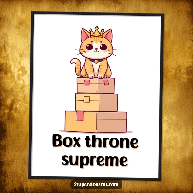 Funny poster illustration of a regal cat sitting proudly atop a tower of boxes, conveying an air of supreme feline authority.