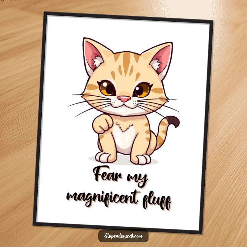 Funny poster: A proud feline with exaggerated whiskers stands tall in a commanding power stance, exuding majestic pride.