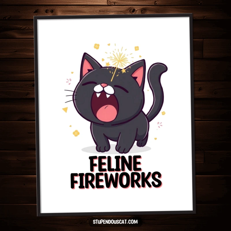 Funny black cat poster, roaring with tiny, sparkling fireworks erupting, a vibrant and explosive piece of feline art.