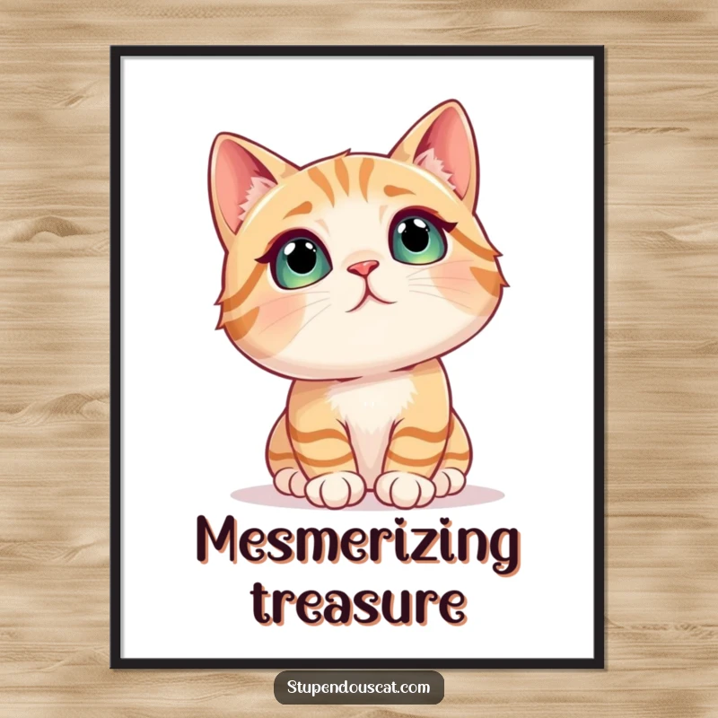 Funny cat poster art of a cat mesmerized, gazing with wide-eyed awe at a sparkling, shimmering object.