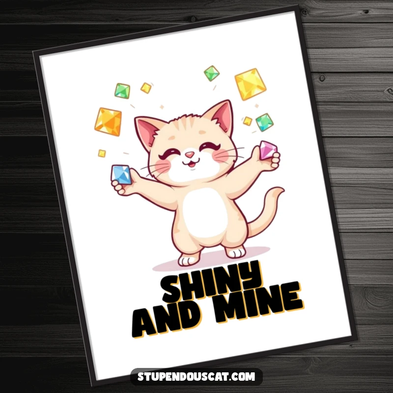 Funny cat juggling gems poster, a sophisticated feline skillfully tossing radiant, colorful gemstones, creating a captivating and humorous visual display.