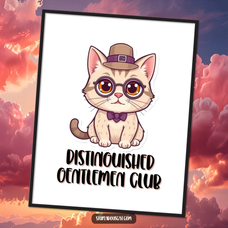 Funny Poster art of a cat wearing a monocle and top hat, looking distinguished, ideal for adding a touch of class.