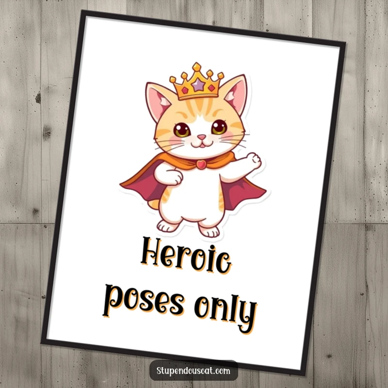 Funny Poster art of a cat wearing a cape and crown, striking a heroic pose, ideal for adding a touch of grandeur.