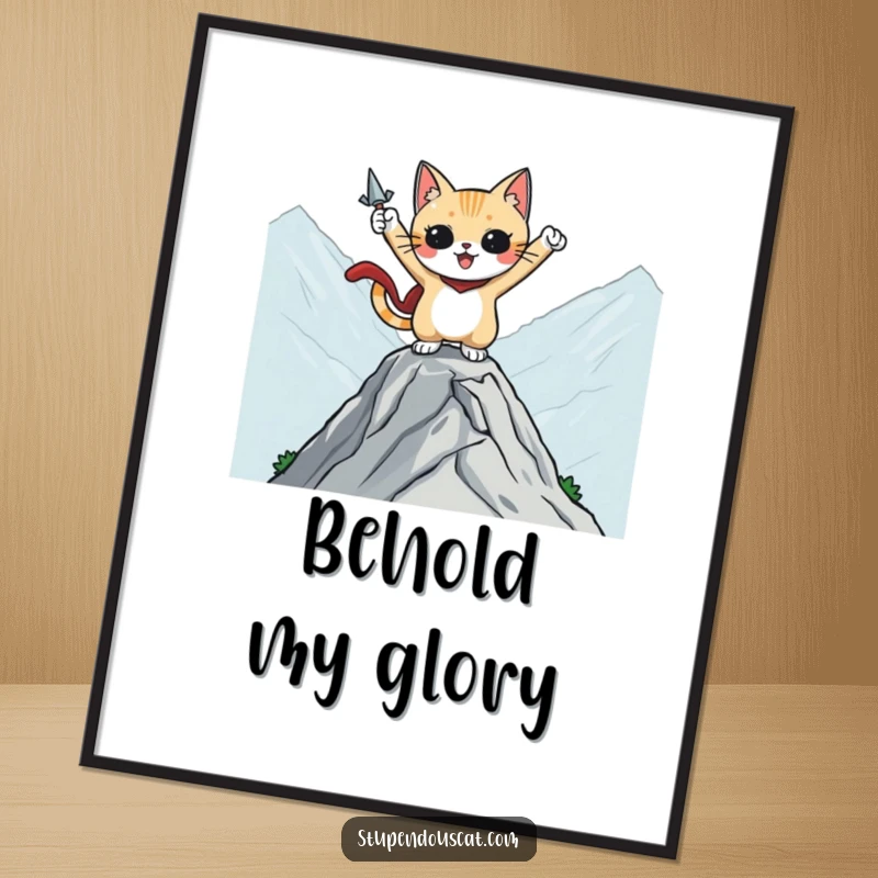 Funny poster of a heroic cat character striking a pose on a mountaintop, embodying bravery and epic journeys.