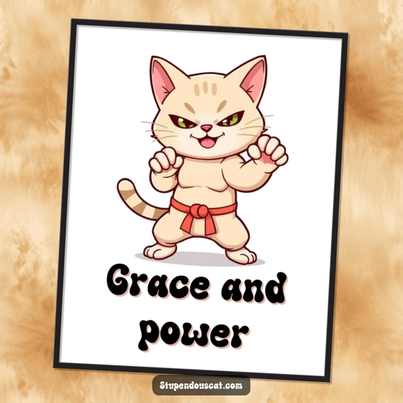 Funny martial arts cat poster with a smirk, striking a dynamic pose, perfect for wall decor.