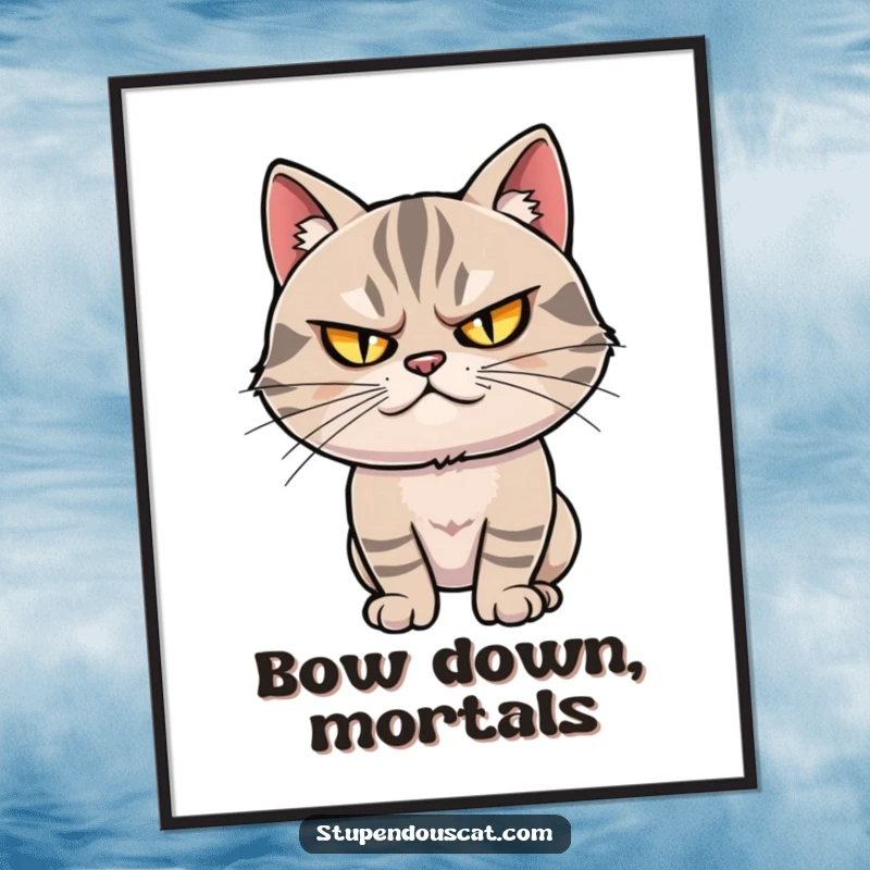 Funny poster: A smug cat with narrowed, twinkling eyes strikes a dramatic, captivating pose, radiating confidence and allure.