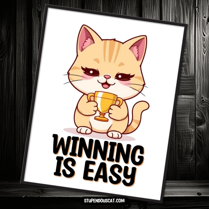 Funny smug cat poster holding a tiny trophy, with a proud and pleased expression, perfect for wall decor.