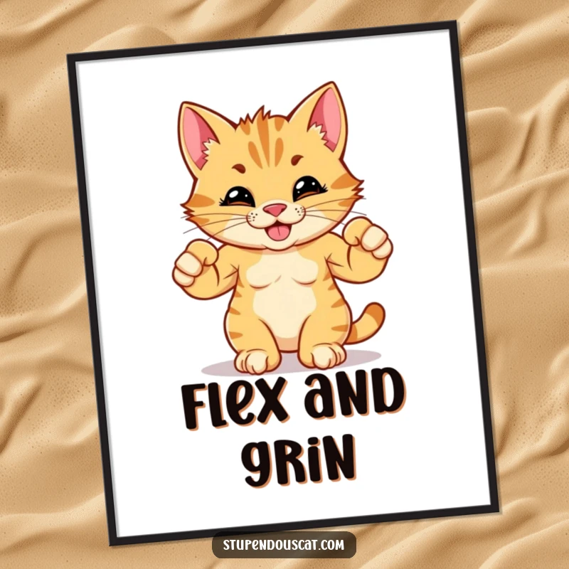 Funny poster of a strong, grinning cat cub flexing its small muscles with a mighty, humorous aura.