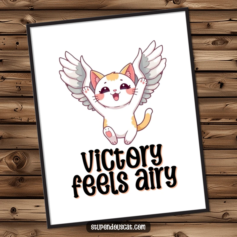 Funny Poster of a triumphant cat with large, majestic wings unfurled, soaring high, capturing a moment of ultimate freedom and success.