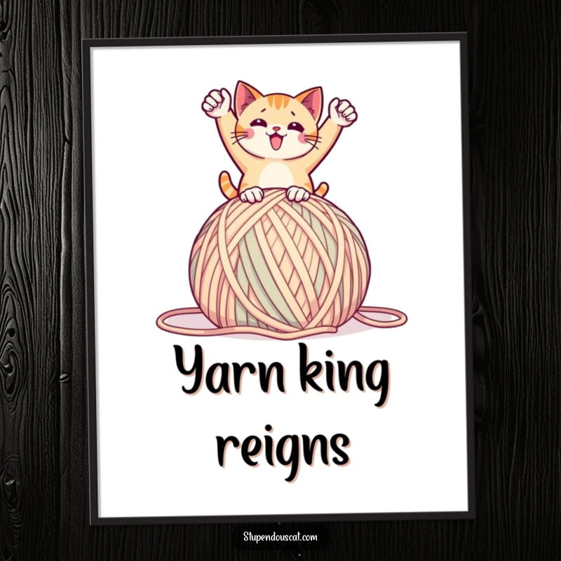 Funny poster of a cat in a triumphant pose atop a giant ball of yarn, symbolizing playful victory and achievement, a lovely home gift.