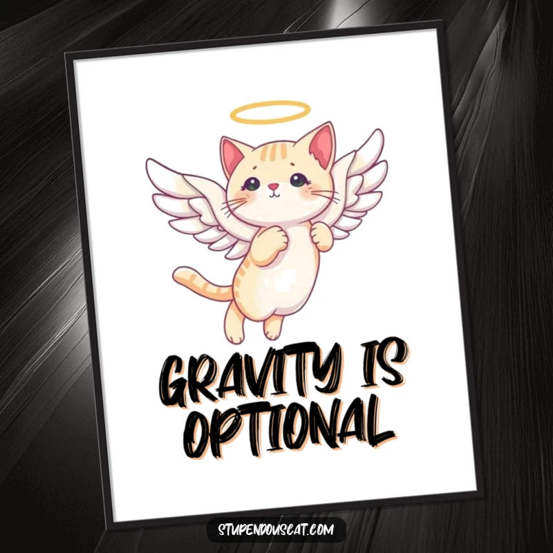 Funny angelic cat wings poster capturing a cat with ethereal wings soaring gracefully through a beautiful, peaceful sky.