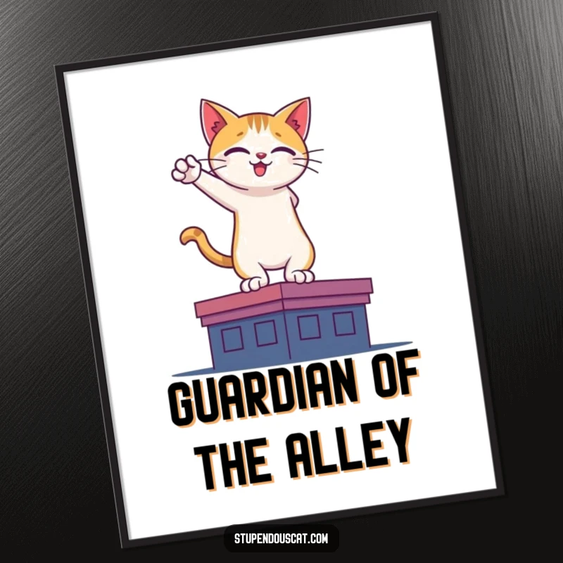 Funny poster showcasing a heroic cat silhouette on a rooftop, bringing bravery and adventure to any wall space.