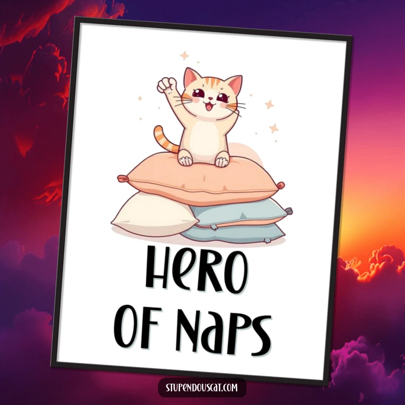 Funny poster of a triumphant cat in a heroic pose, sitting proudly atop a heap of pillows, embodying feline dominance.