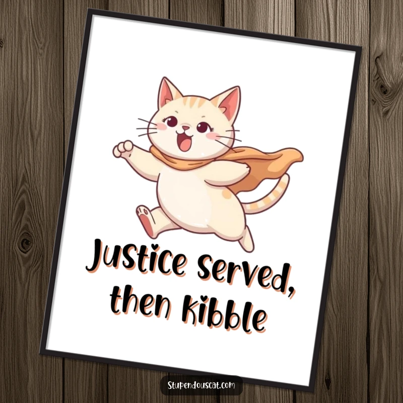 Funny poster illustration of a determined cat hero mid-air, cape billowing dramatically, embodying courage and humor.