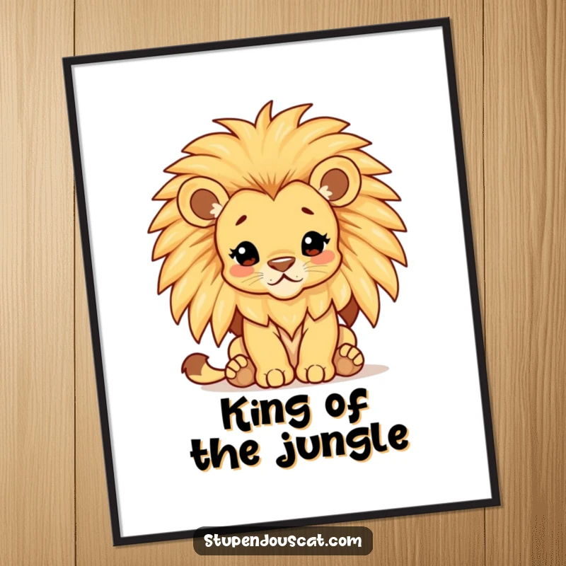 Funny lion cub poster, a majestic cub with a comically oversized, shimmering mane, exuding playful regality on the wall.