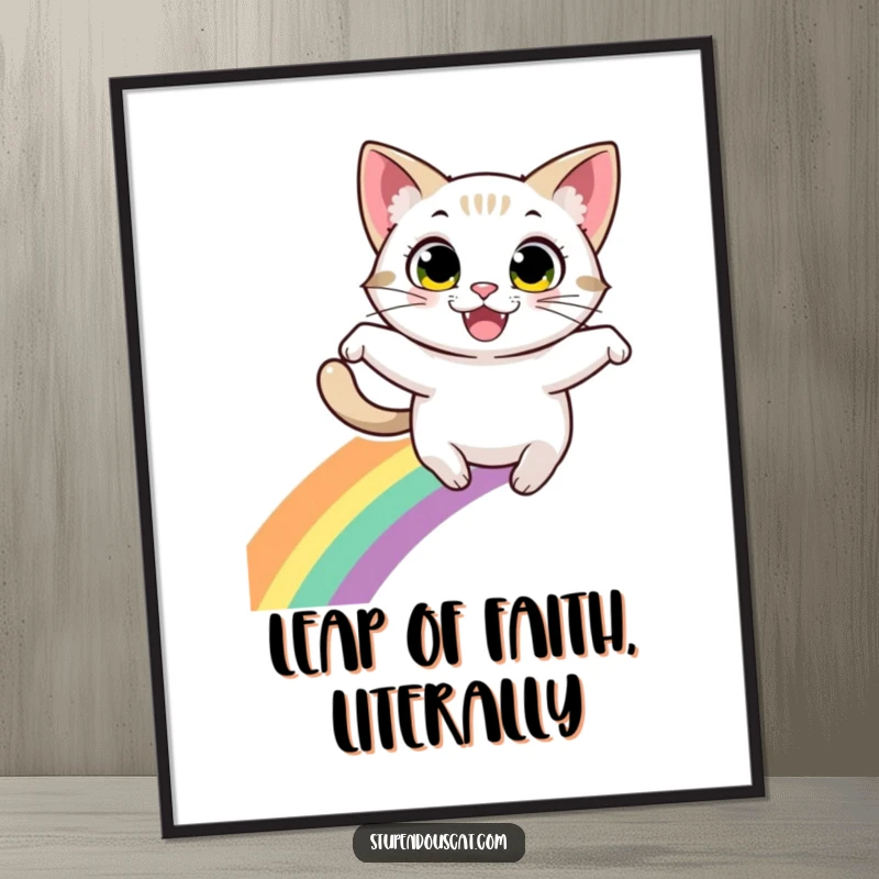 Funny poster: A cat with large, energetic eyes and a wide grin is captured mid-leap over a colorful, arched rainbow.