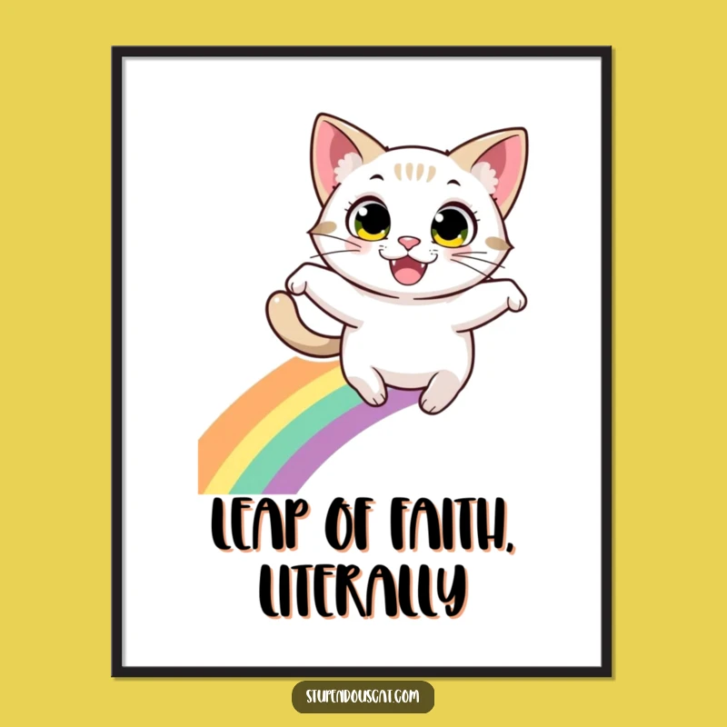 Funny Cat Leaping Rainbow Poster: Energetic Eyes Art - Perfect Funny Gift Decor