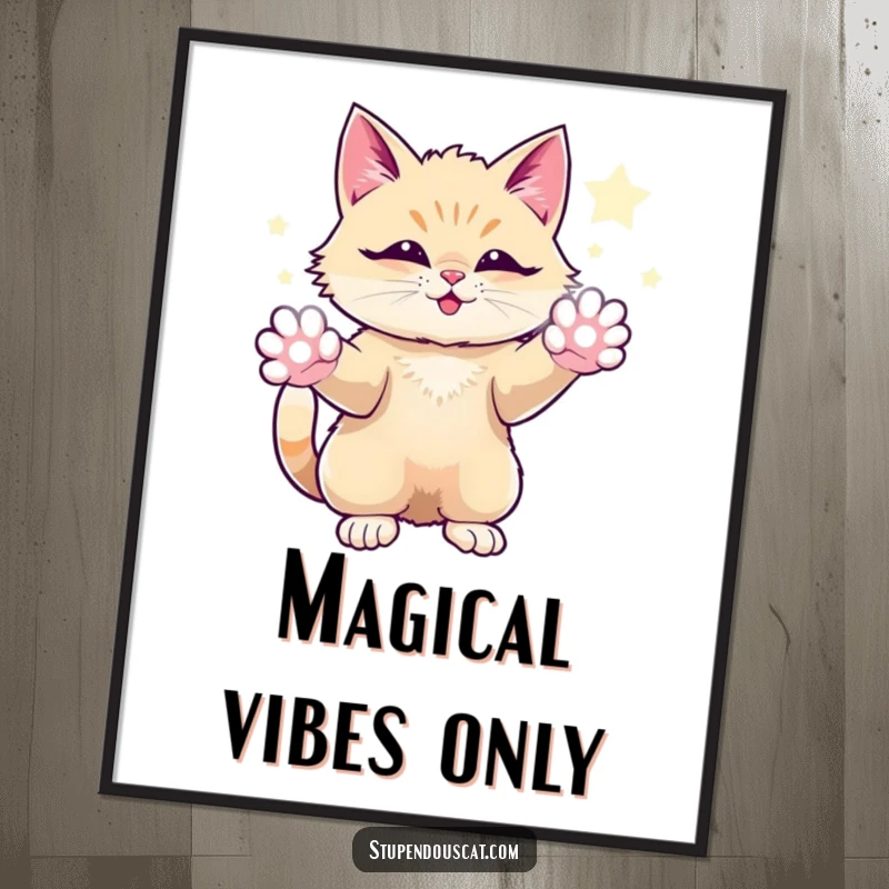 Funny poster featuring a magical cat conjuring vibrant, sparkling energy from its paws in an awe-inspiring display.