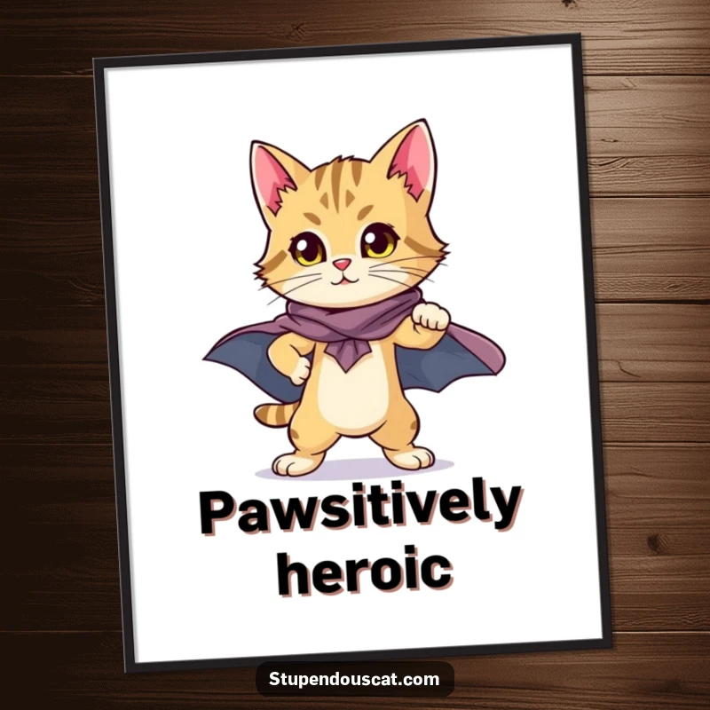 Heroic Cat Cub Cape Poster: A proud cat cub in a superhero cape striking a heroic pose, inspiring bravery and smiles.