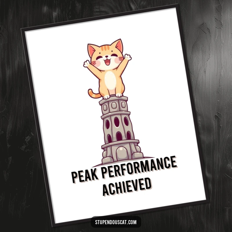 Funny Triumphant Cat Poster: Artistic print of a victorious cat standing atop a tall, impossible structure.