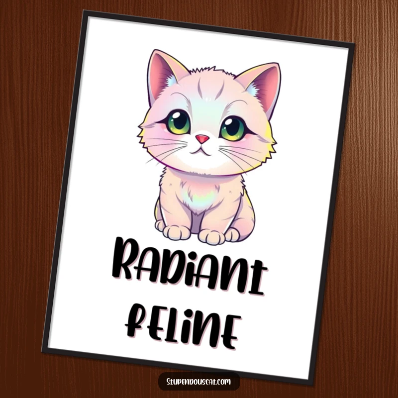 Funny iridescent cat poster, illustrating a cat with fur that emits a captivating shimmer and changes color like a rainbow, adding visual magic.