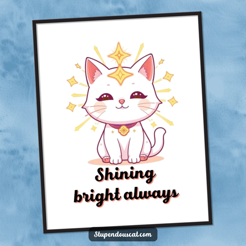 Funny Poster of a radiant cat adorned with glowing celestial symbols, emitting a magical aura, perfect for cosmic-themed decor.