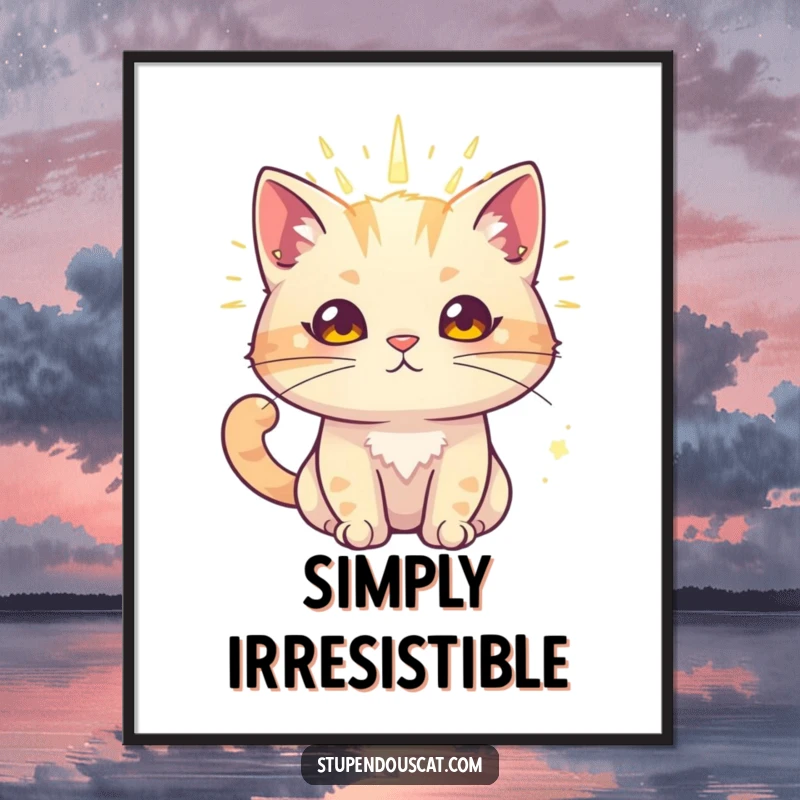 Funny cat poster showing a cat with a radiant aura, exuding powerful charm.