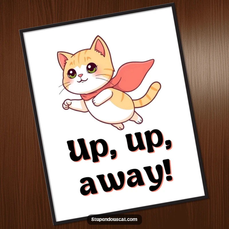 Funny Poster: A brave cat with a miniature cape is soaring through the sky, depicted as a charming feline hero.