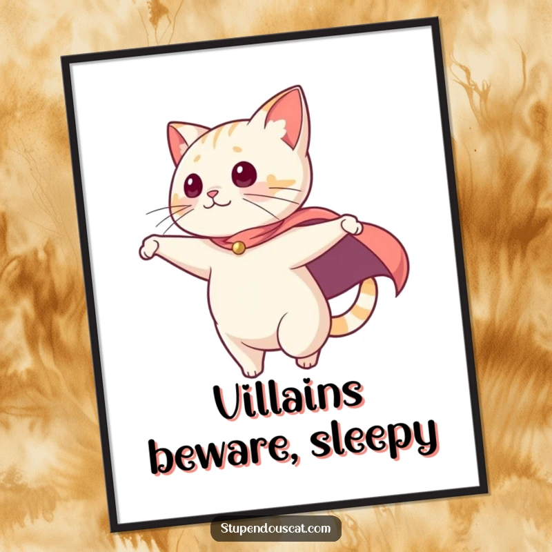 Funny Poster: A cat with a dramatic cape swooping from a high point, showcasing heroic action and adventurous spirit.