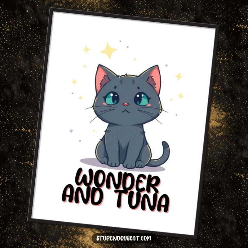 Funny poster featuring a mysterious cat gazing at a radiant starry night sky, creating a serene and wondrous atmosphere, a perfect funny gift.