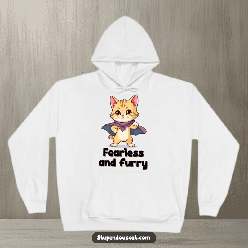 Heroic Cat Cub Cape Hoodie: A warm hoodie featuring a proud cat cub in a cape, ready for heroic adventures.