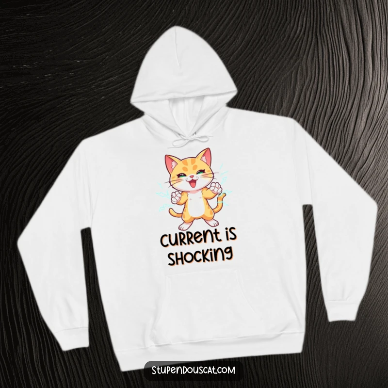 Funny hoodie depicting a strong cat surrounded by crackling lightning around its paws, striking an impressive and dynamic pose.