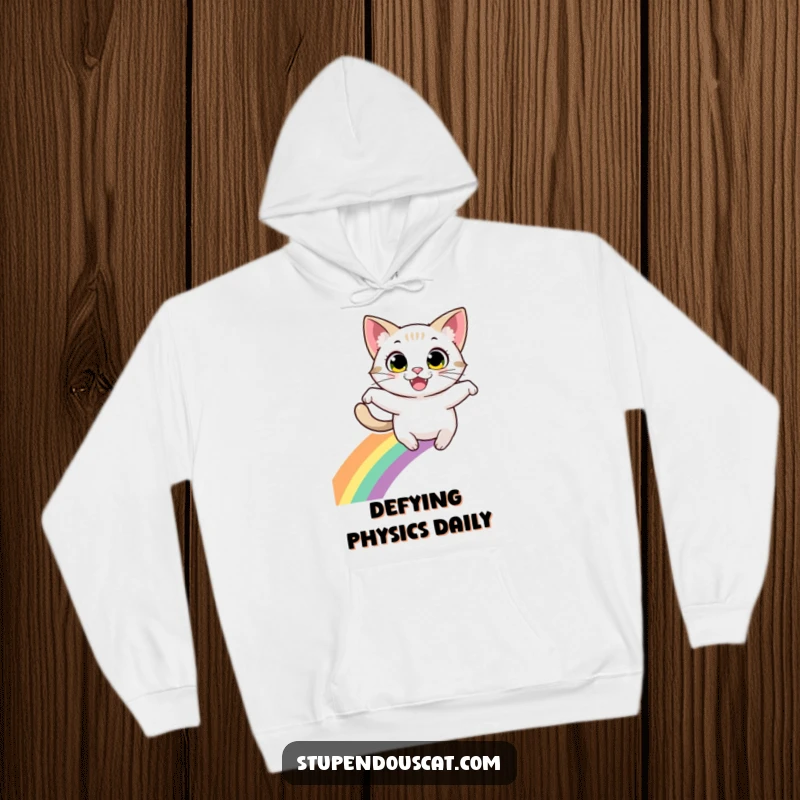 Funny hoodie: A happy cat with energetic eyes leaping with a huge grin over a colorful rainbow, full of life.