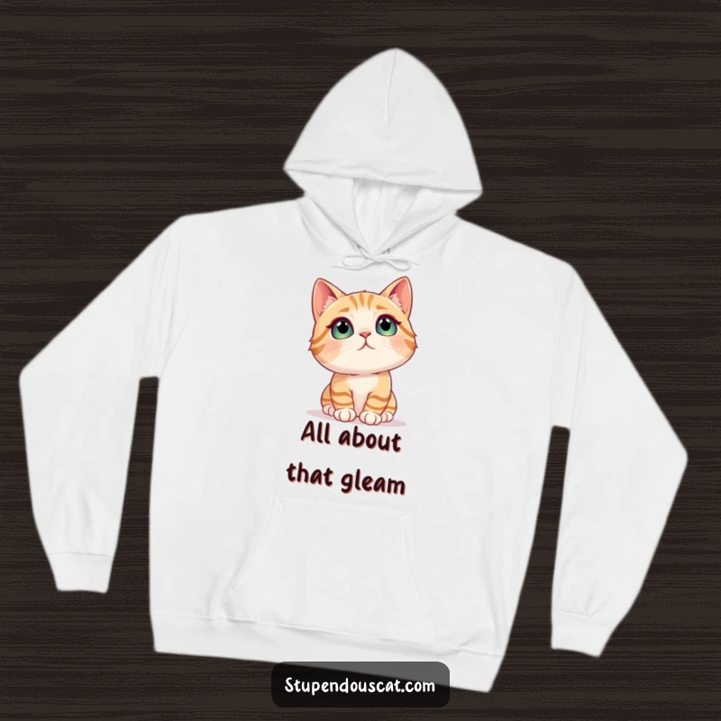 Funny cat hoodie showing a cat with wide, captivated eyes looking up in awe at a brightly shimmering object.