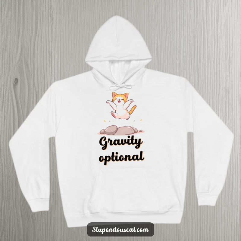 Funny cat hoodie showing a bold cat executing a flawless, funny landing after an impressive jump.