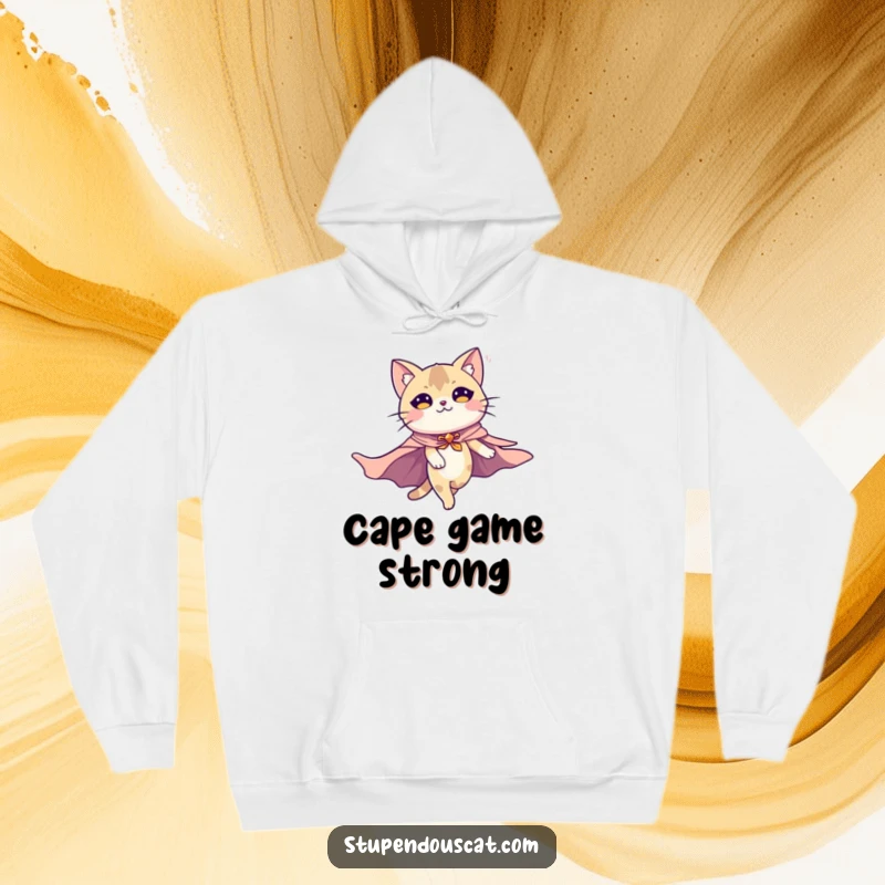 Funny hoodie depicting a majestic cat gracefully flying with a dramatic cape, bringing superhero vibes to cozy comfort. Ideal for cool weather.