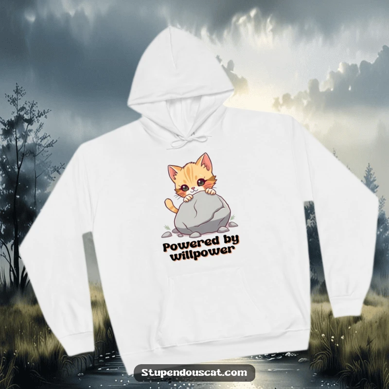 Funny Hoodie with a determined cat cub pushing a large boulder, offering cozy warmth and a humorous sense of unstoppable drive.