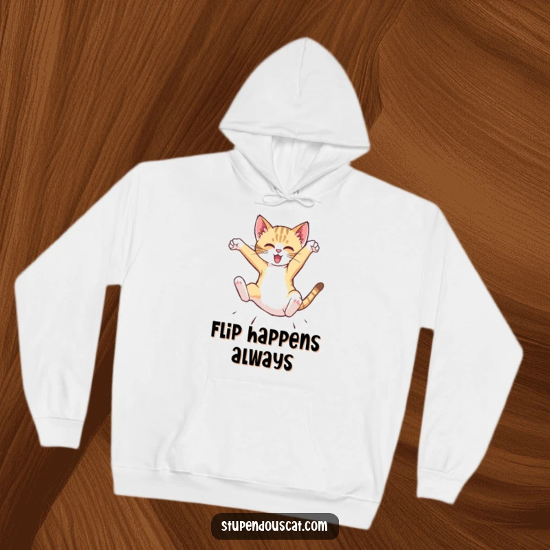 Funny Hoodie with a dynamic cat cub performing a mid-air flip, offering cozy warmth and a humorous sense of adventure.